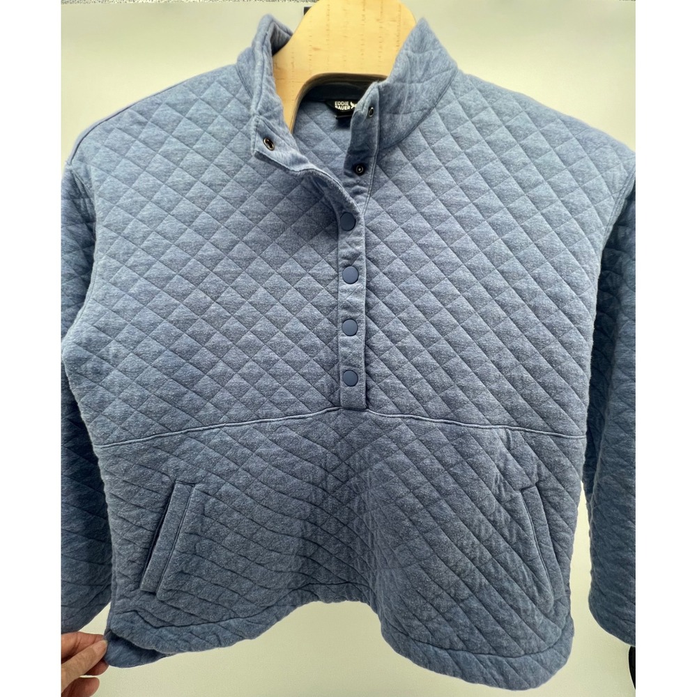 Eddie Bauer Women Quilted Snap Neck Pullover Sweatshirt Blue XXL